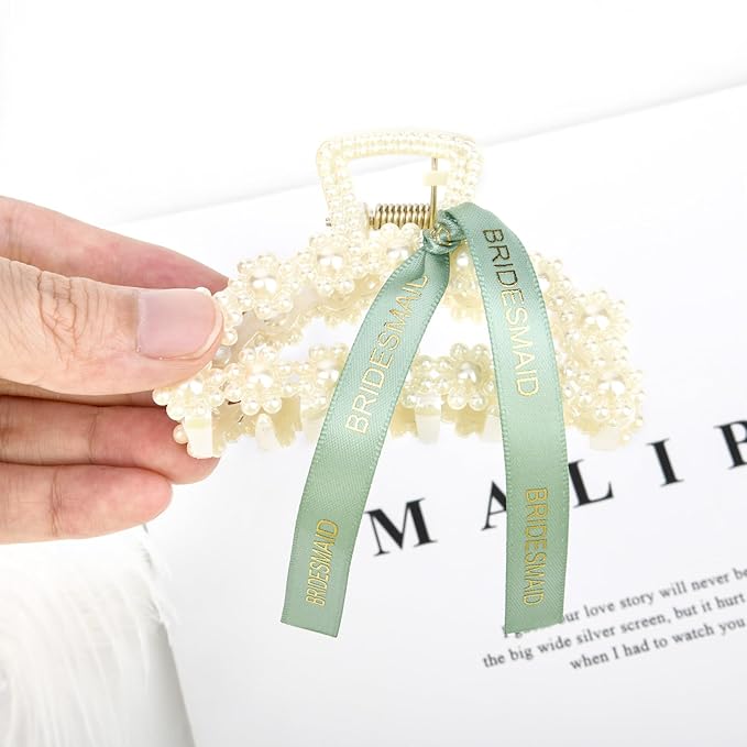 DEEKA Bridesmaid Proposal Gifts 8 Pack Pearl Bridesmaid Hair Claw Clips with Ribbon 3 Inch Hair Clips Bachelorette Party Favors Bridal Party Present Hair Accessories (Half Circle White&Green)