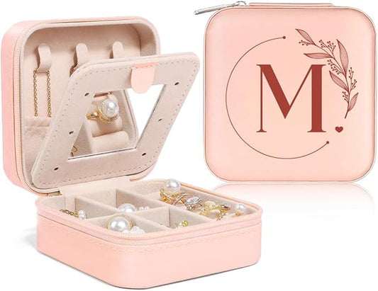 SANDJEST Personalized Jewelry Box, Pink Small Travel Jewelry Box with Initial M, Monogrammed Jewelry Case Organizer for Girls Women Teen, Mini Travel Essentials Gifts for Christmas Birthday