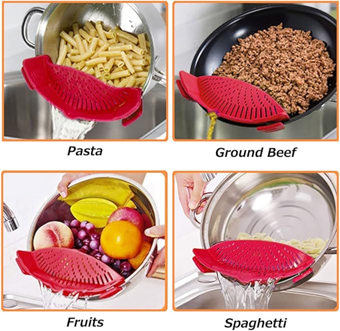 YEVIOR Clip on Strainer for Pots Pan Pasta,Silicone Food Strainer Hands-Free Pan Strainer, Clip-on Kitchen Food Strainer for Spaghetti, Pasta, Ground Beef Fits All Bowls and Pots (Red)
