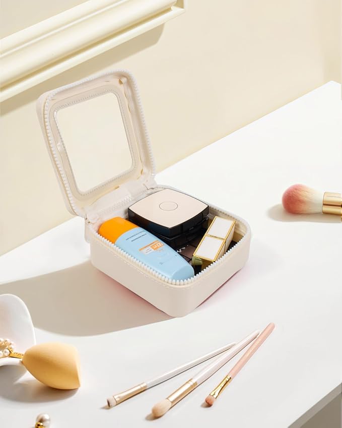 Small Clear Makeup Bag for Women, Mini Silicone Pouch Travel Cosmetic Case Waterproof Clear Make Up Pouch with Zipper Cute Toiletry Bags for Traveling Car Organizer Mini Travel Essentials (Beige)