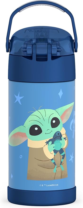 THERMOS FUNTAINER Water Bottle with Straw - 12 Ounce - Kids Stainless Steel Vacuum Insulated Water Bottle with Lid, Mandalorian The Child