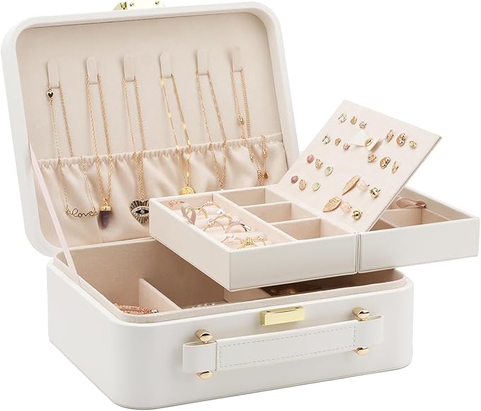 White Jewelry Box - Large Travel Jewelry Case Organizer, 2-Layer Holder, Women's Watch Case