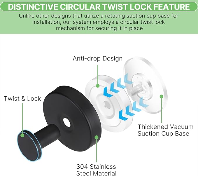 Black Waterproof Suction Cup Hooks, 4-Pack Heavy Duty Stainless Steel No Drill Shower Hooks for Hanging Towels, Robes, Loofahs, Holder Holds Strong on Tile, Glass, Mirror, Wall, Bathroom Door