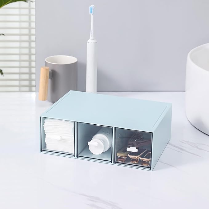 Plastic 3 Drawer Organizer for Cosmetic Storage, Desk Organizer, Makeup Organizer for nail polish, Lipstick, Brushes, Jewelry, Skincare, Bathroom Organization Boxes - Blue
