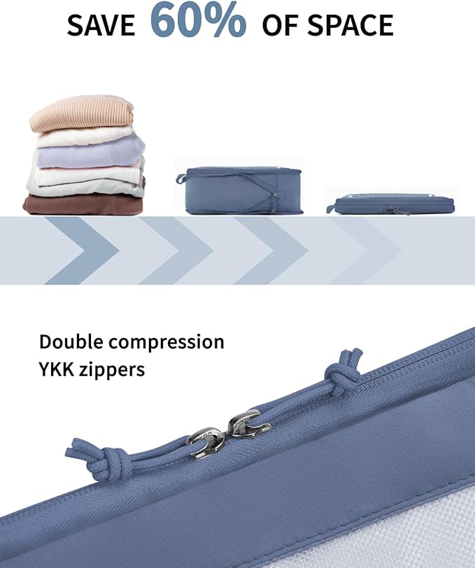 ECOHUB 5 Set Compression Packing Cubes for Suitcases Organizer Bags Set Travel Essentials with Shoe Bag for Traveling Tear-resistant Travel Accessories with ID Tag Expandable Packing Bags (All Blue)