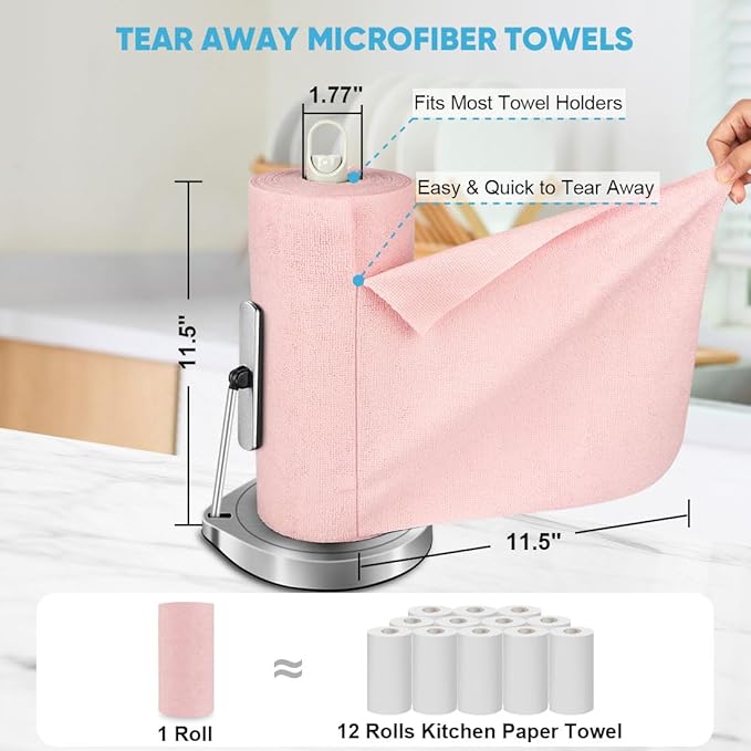 AIDEA Microfiber Cleaning Cloth Roll, 75PK, Tear Away Reusable Paper Towels, Pink Towels Lint Free Rags for House, Kitchen, Car Cleaning Supplies, 11.5"×11.5"