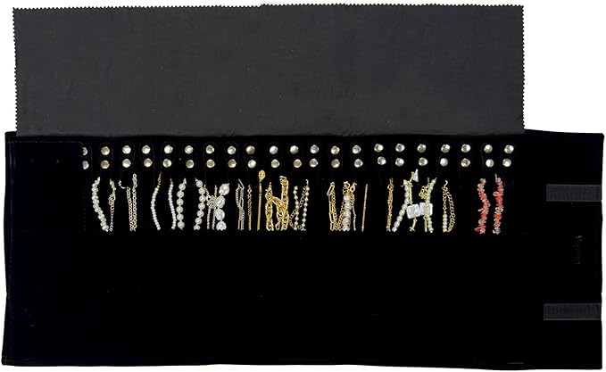 UnionPlus Velvet Travel Jewelry Roll Bag Organizer for Necklace, Elastic Band and Anti-winding, Large, Black