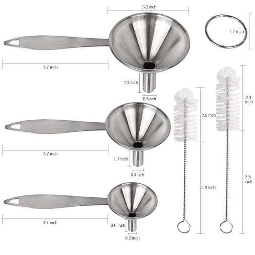 YGDZ Kitchen Funnel for Filling Bottles, 3pcs Metal Stainless Steel Small Mini Funnels for Essential Oils Liquid, Long Handle Funnel Set, 2pcs Cleaning Brushes