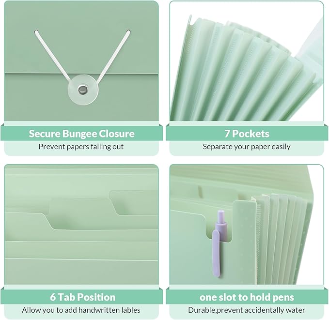 SKYDUE Accordion File Organizer, Expanding File Folder with 7 Pockets, Portable Receipt Paper Bill Document Organizer, Letter/A4 Size Filing Folder School Office Supplies, TurquoiseGreen