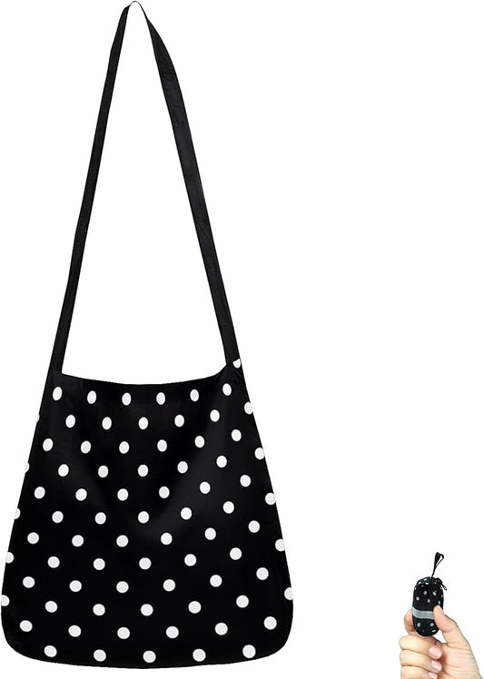 BeeGreen Dots Ultimate Crossbody Tote Bag - Reusable Grocery Shopping Bag - Foldable Compact Portable Sturdy Bags