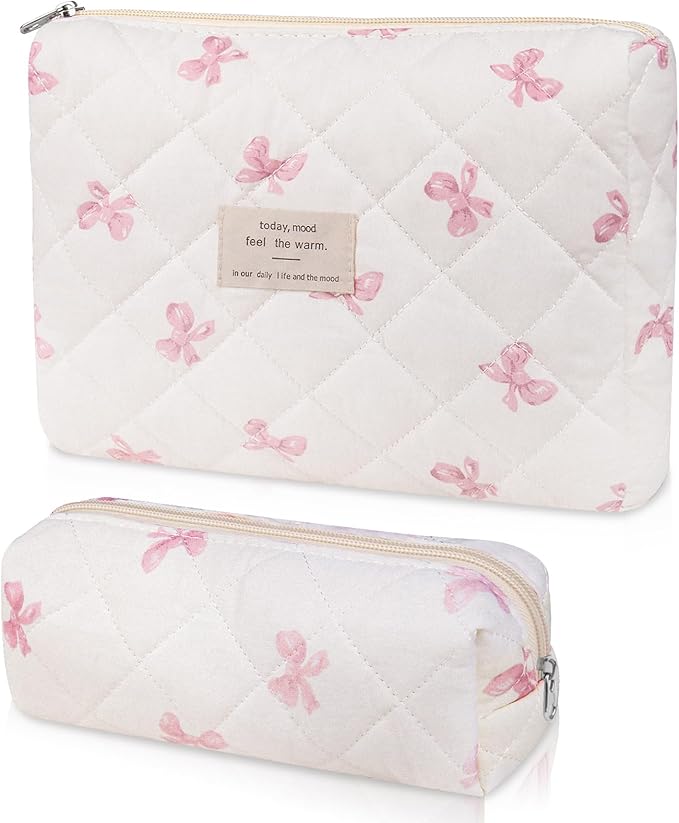 2PC Makeup Bag Set, Cute Cosmetic Bag for Women Girls, Floral Coquette Aesthetic Toiletry Bag, Travel Make Up Organizer Bag (White Pink Butterfly Flower)