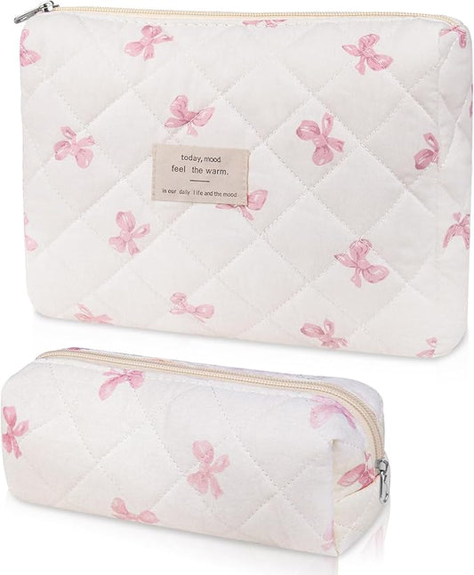 2PC Makeup Bag Set, Cute Cosmetic Bag for Women Girls, Floral Coquette Aesthetic Toiletry Bag, Travel Make Up Organizer Bag (White Pink Butterfly Flower)