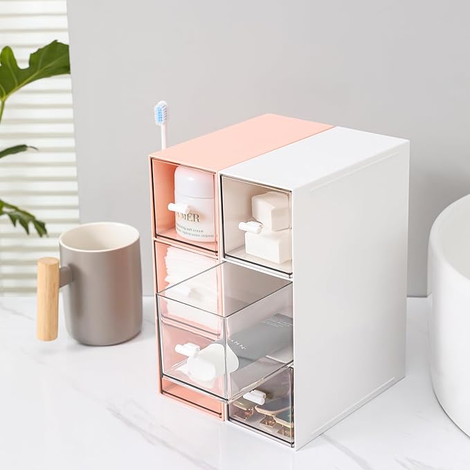Plastic 3 Drawer Organizer for Cosmetic Storage, Desk Organizer, Makeup Organizer for nail polish, Lipstick, Brushes, Jewelry, Skincare, Bathroom Organization Boxes - Pink
