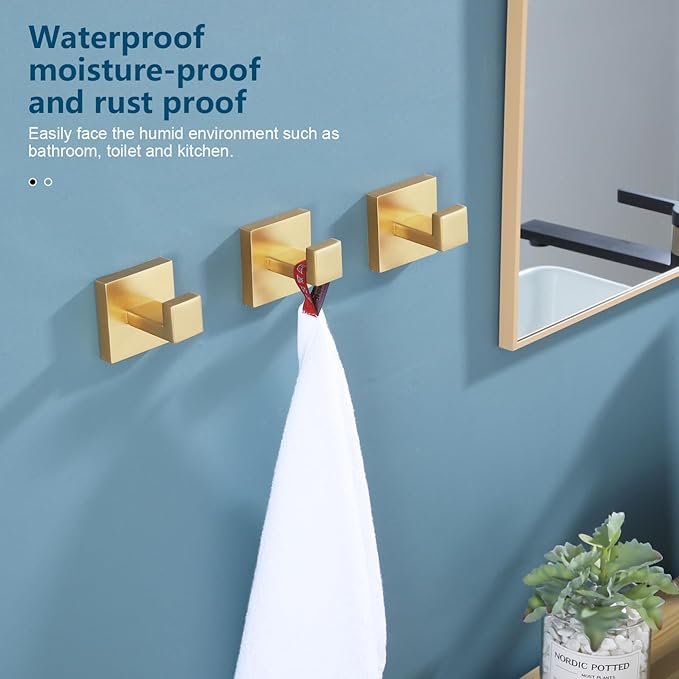 KOKOSIRI Bath Robe Hook Wall Mount Square Towel Hook Coat Hook Bathroom Kitchen Garage Heavy Duty SUS 304 Stainless Steel 3 Pack Brushed Gold B1010BG-P3