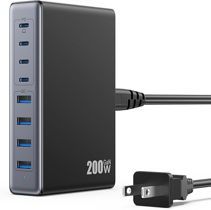 200W USB C Charger Block, GaN IV Charging Station 8 Ports, QC4.0 Fast Charging Station Hub + PD 65W USB C Laptop Charger Adapter Compatible with MacBook Air/Pro, DELL, iPhone 17/16/15, iPad, Steam Deck - Black