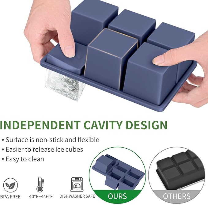Large Ice Cube Tray for Whiskey: FDDBI Big Square Ice Cube Maker for Cocktail - 3-Pack Silicone Old Fashioned Ice Cube Trays - 2-Inch Huge Cubed Ice Trays for Whiskey