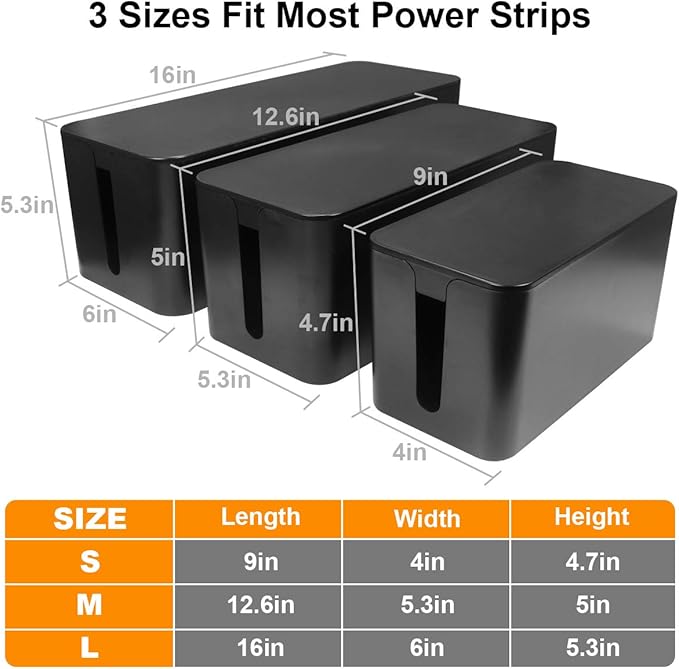 DUNCHATY 3 Pack Cable Organizer Box with Large, Medium, Small Cord Hider Box, Safe ABS Material for Covering and Hiding TV Wires, Computer, Router, USB Hub, and Under Desk Power Strips & Cords