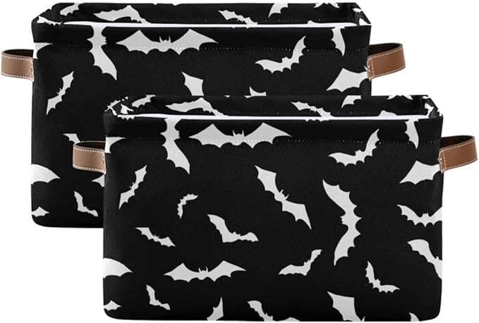 Halloween Black Bat Storage Basket Fabric Kitchen Baskets Spooky Happy Halloween Open Home Storage Bins Boxes Foldable Organizer Bag for Baby Cloth Pet Toy Book Shelf Closet Baskets 16×12×8 Inches