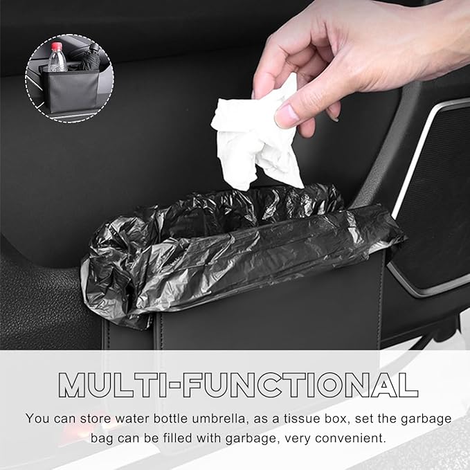 Yourkar Car Trash Can, Foldable Waterproof Leather Car Garbage Organizer Holder, Automotive Mini Dustbin Container with One Roll Trash Bag, Universal Interior Car Accessories (Beige)