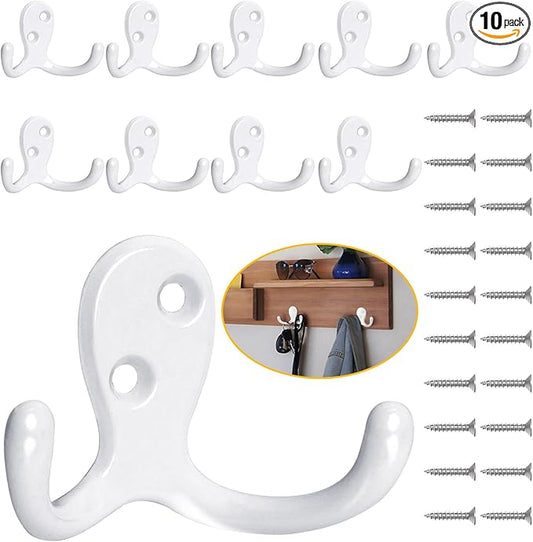 10 Pack Coat Hooks, Heavy Duty Double Prong Coat Hooks Wall Mounted with 20 Screws, No Rust White Metal Wall Hooks for Hanging Towel, Coat, Bag, Hat, Cup, Key