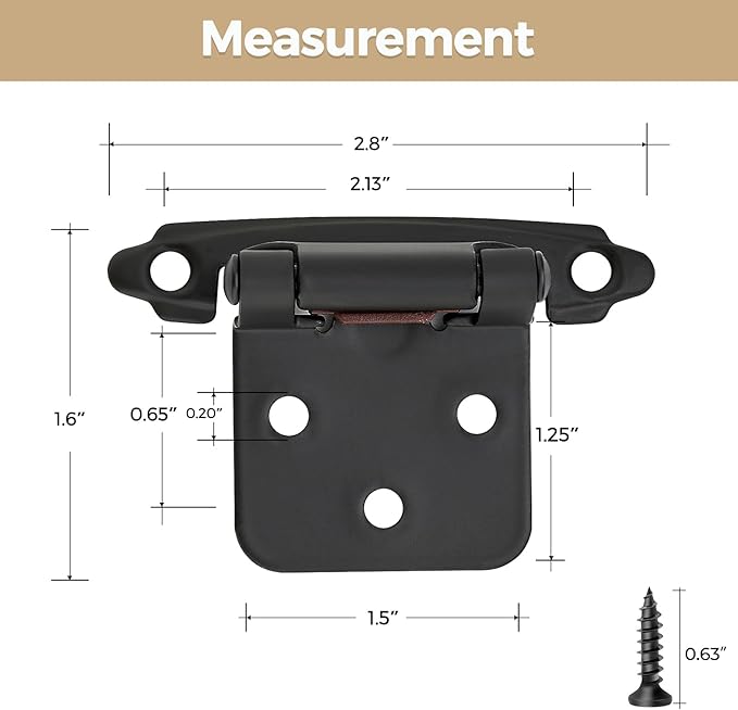10 Pack 5 Pair Black Cabinet Hinges - 1/2 inch Overlay Kitchen Cabinet Hinges, Semi-Concealed Hinges, Self Closing Cabinet Door Hinges with Door Bumper, Black Face Mount Cabinet Hardware