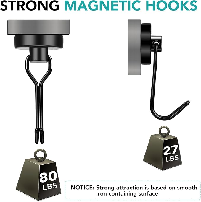 DIYMAG Black Magnetic Hooks 80LBS Strong Magnetics Hooks Heavy Duty 2026 Cruise Cabin Ship Essentials Magnet Hooks with Metal Hanger for Hanging Refrigerator Home Kitchen Office 8Pack