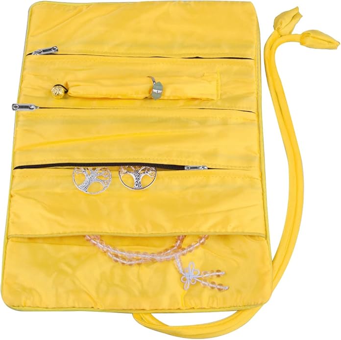 TUMBEELLUWA Embroidery Travel Jewelry Bag Roll Embroidered Flower and Bird Brocade Organizer with Tie Close