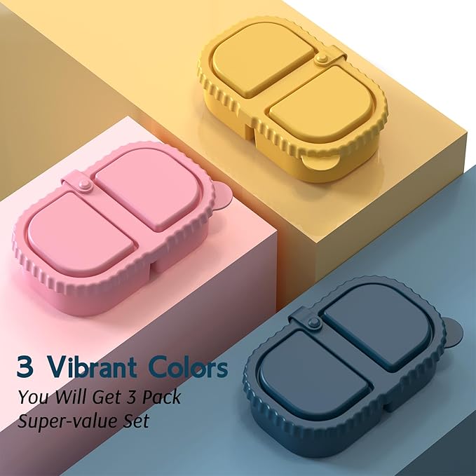 3 Pack Reusable Silicone Snack Containers with Lids, Meal Prep Containers 2 Compartments, Portable Silicone Food Storage Box for Picnic, Lunch, Office (3)
