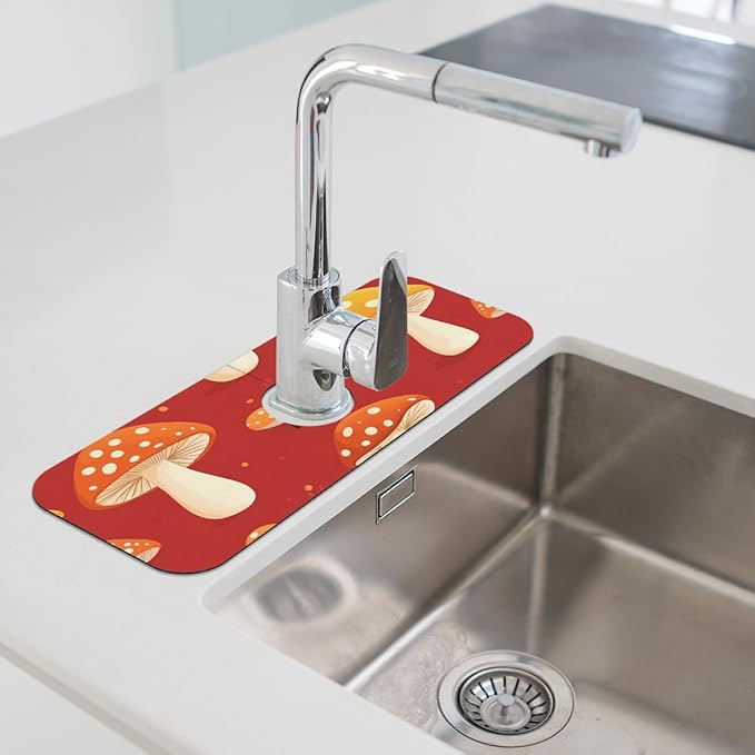 1 PC 15.4*5.7 Inch Absorbent Faucet Mat for Kitchen Sink Diatomaceous Earth Tailored Sink Splash Guard for Bathroom Kitchen Red Mushroom