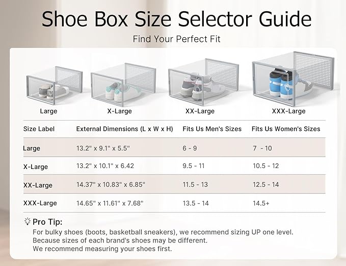 Kuject XX-Large Shoe Storage Boxes Organizers Clear Plastic Stackable 12 Pack, Shoe Rack & Holder Substitute, Sneaker Containers, Shoe Storage Organizer Bins for Closet, Under Bed, Grey (No Fold Line)