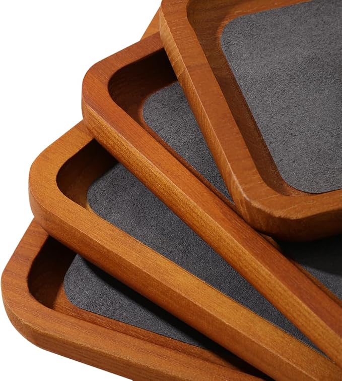 Wooden Jewelry Display Tray Rounded Rectangle Ring Showcase Stackable Elegant Bracelet Watch Jewelry Organizer for Personal Use and Commerce (Gray, Small-W 3.9'' x H 0.6'' x L 3.9'')