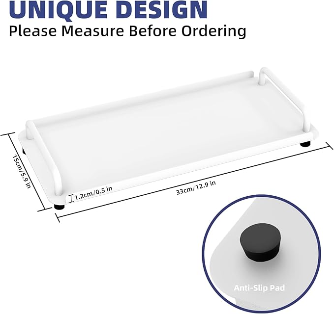 2 Pack Bathroom Vanity Tray, Toilet Tank Tray with Handle, Bathroom Trays for Counter, Toilet Tank, Kitchen (White)