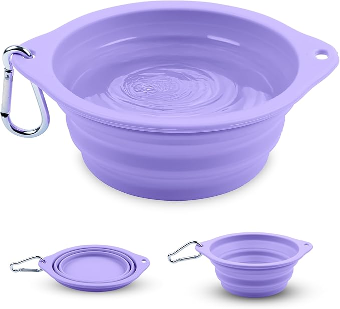 Collapsible Dog Bowl - 800ml/27 oz Portable Silicone Travel Water Bowl for Dogs with Carabiner | Foldable, Dishwasher Safe | Hiking, Camping Dog Essentials & Outdoor Pet Feeding - Purple