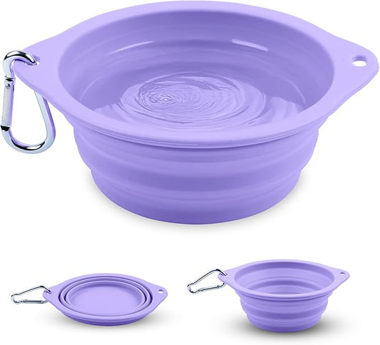 Collapsible Dog Bowl - 800ml/27 oz Portable Silicone Travel Water Bowl for Dogs with Carabiner | Foldable, Dishwasher Safe | Hiking, Camping Dog Essentials & Outdoor Pet Feeding - Purple