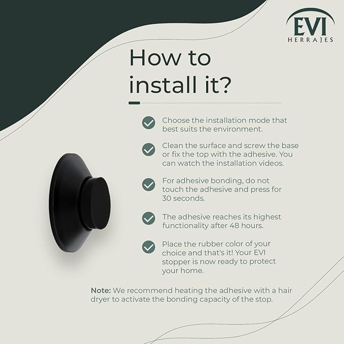 Evi Herrajes | Adhesive Door Stop | Wall Mounting | 1.37x0.59 | Black Lacquered Stainless Steel | Conical Shape | Two Rubbers Included | Adhesive or Screw Installation
