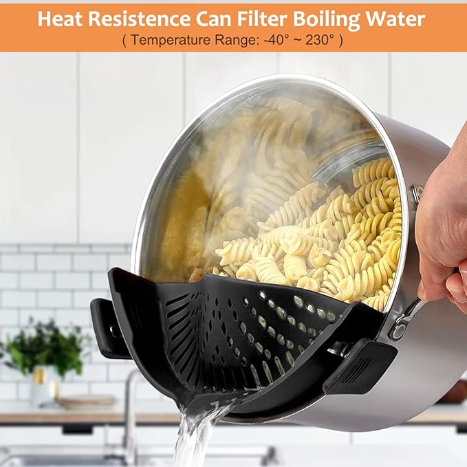 YEVIOR Clip on Strainer for Pots Pan Pasta Strainer, Silicone Food Strainer Hands-Free Pan Strainer, Clip-on Kitchen Food Strainer for Spaghetti, Pasta, Ground Beef Fits All Bowls and Pots (2P)