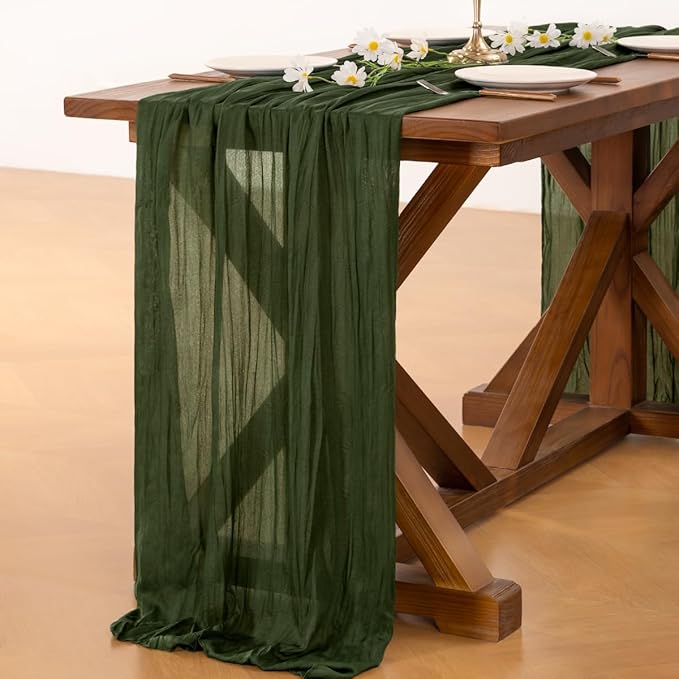 Socomi Olive Green Summer Cheesecloth Table Runner Boho Rustic Gauze 120 inch 10FT Cheese Cloth Sheer Runner for Wedding Party Baby Shower Birthday Home Decor