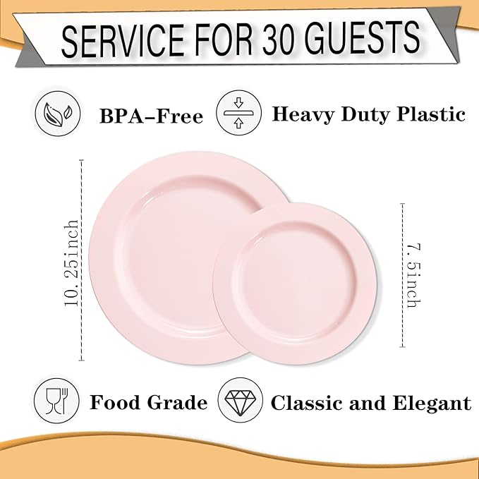 FLOWERCAT 60PCS Pink Plastic Plates - Heavy Duty Pink Plates Disposable for Easter Party&Valentine's Day/Wedding - serving 30 guests Include 30PCS 10.25inch & 30PCS 7.5inch