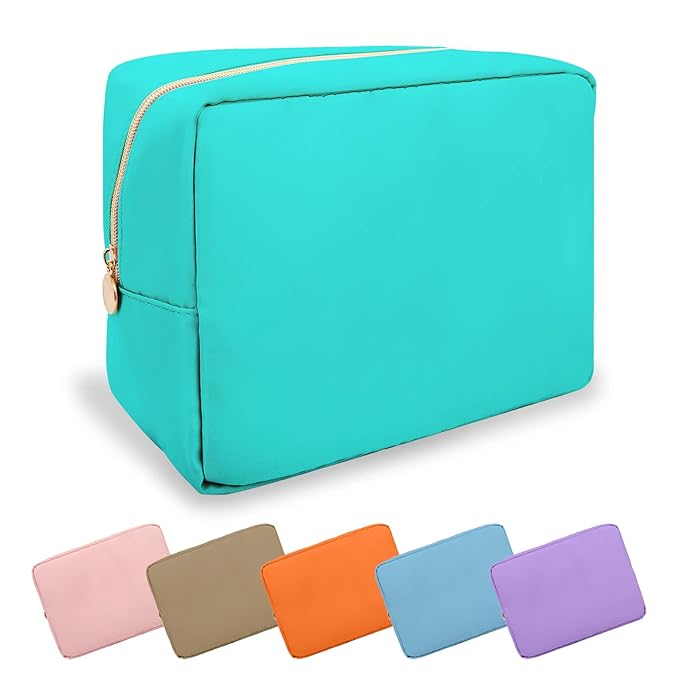 Large Makeup Bag Pouch, Nylon Women Travel Toiletry Storage Bag Preppy Cosmetic Bag for Girls, Big Makeup Organizer Bag Cute Zipper Pouch Skincare Bag for Sport Work Gift (Large-Cotton Candy)
