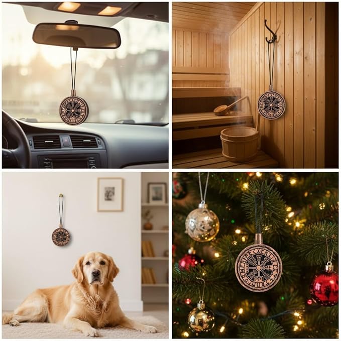 Wood Car Air Freshener — Vegvisir Handmade Unscented DIY Essential Oil Hanging Diffuser with Felt Insert — Add Your Own Oils — Refillable — Car/Truck/SUV — Cardboard Box