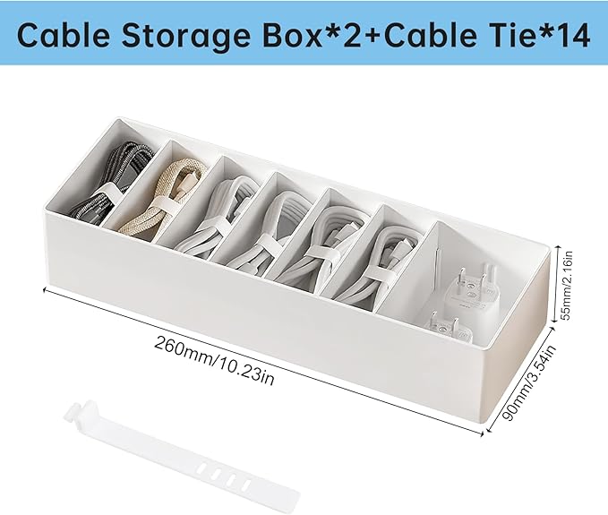 PAVSTINE 2 Pcs Cable Organizer Box with Wire Ties, Plastic Cord Charger Storage Box with 8 Compartments, Electronics and Home Office Desk Drawer Stationery Organizer, Stackable, White