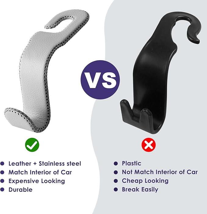 AMVOYOA Leather Car Seat Hooks - U-Shaped Purse Holder for Car, Fully Leather-Wrapped Headrest Hooks for Purses, Bags & Coats, Durable Seat Back Organizer for Travel & Daily Use (Gray, 2 Pack)