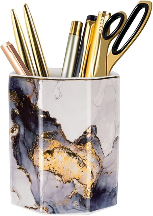 WAVEYU Ceramic Pen Holder for Desk Cute, Pencil Cup Pot Desk Organizer, Makeup Brush Holder for Women, Men, Kids, Desk Marble Decor for Office, Classroom, Home, Gray Golden