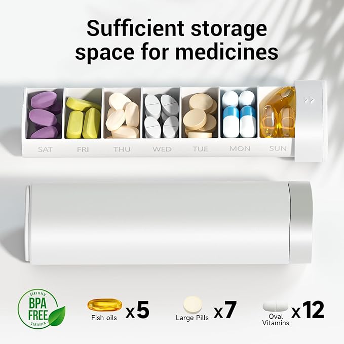 Betife Travel Pill Organizer Weekly 7 Day, Compact Daily Pill Box, Portable Medicine Case, Cute Pill Holder for Vitamins Supplements, Drawer-Shaped Pills Organizer (Pearl White)