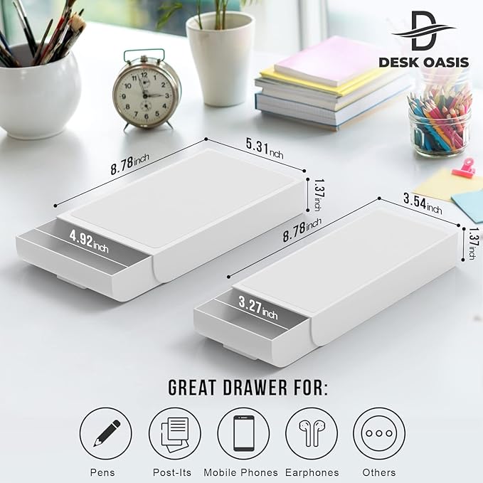 2 Pack Under Desk Drawer Organizer, Slide Out Storage for Pens, Cables & Office Accessories with Self Adhesive, No Drill Installation, Hidden Desk Storage for Office and Home