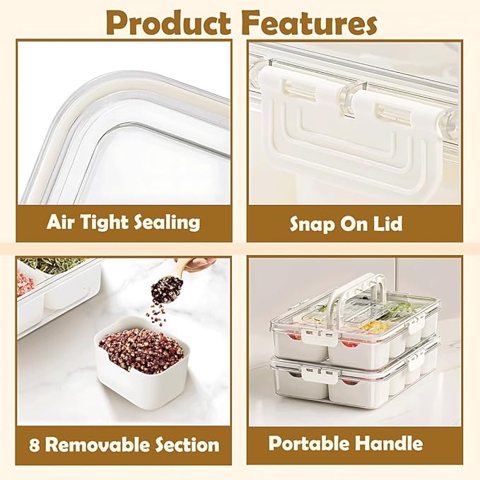Divided Snackle Box Container-8 Compartment Snack Tray with Lid & Handle,BPA Free Stackable Snack Organizer for Fruits,Veggies,Candy,Reusable Airtight Food Storage for Fridge, Travel, Picnic, Party