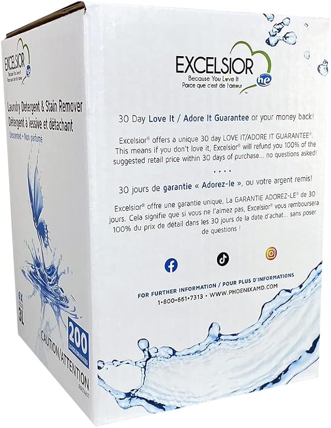 Excelsior Liquid Laundry Detergent Unscented HE Concentrated, 200 Loads 3 Liter, Enzyme Stain Remover, Front Load and Top Load Compatible