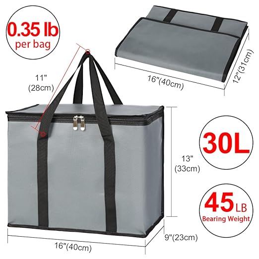 1-Pack Insulated Reusable Grocery Bags, X-Large Insulated Food Delivery Bag for Doordash/Catering/Uber Eats, Commercial Food Warmer for Shopping, Tote Cooler Bags, Dark Grey