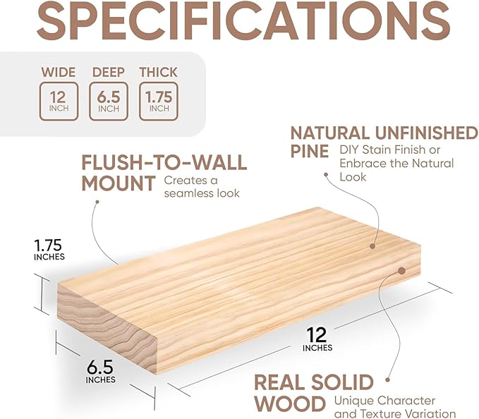 Homeforia Wood Floating Shelf 12 inch, High-End Solid Natural Wood 12-inch Floating Shelves for Wall Mounted, Unfinished Small Wooden Floating Shelves, Heavy Duty Bracket, 12 X 6.5 X 1.75 in, Set of 3