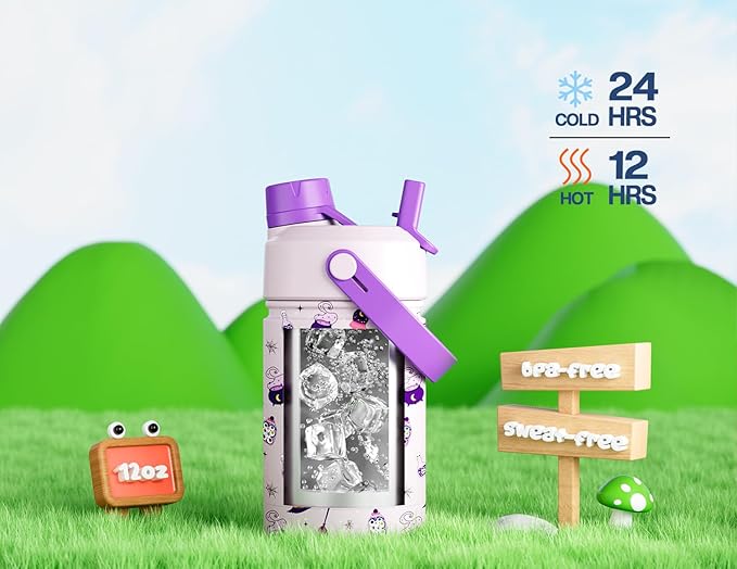 12 oz Kids Insulated Water Bottle: 2-in-1 Straw Spout Lid, Leakproof, BPA-Free, Keep Cold 24H, Fits Car Cupholder, Stainless Steel Cup for School, Holiday, Gift for Girls Daughters (Witching Hour)